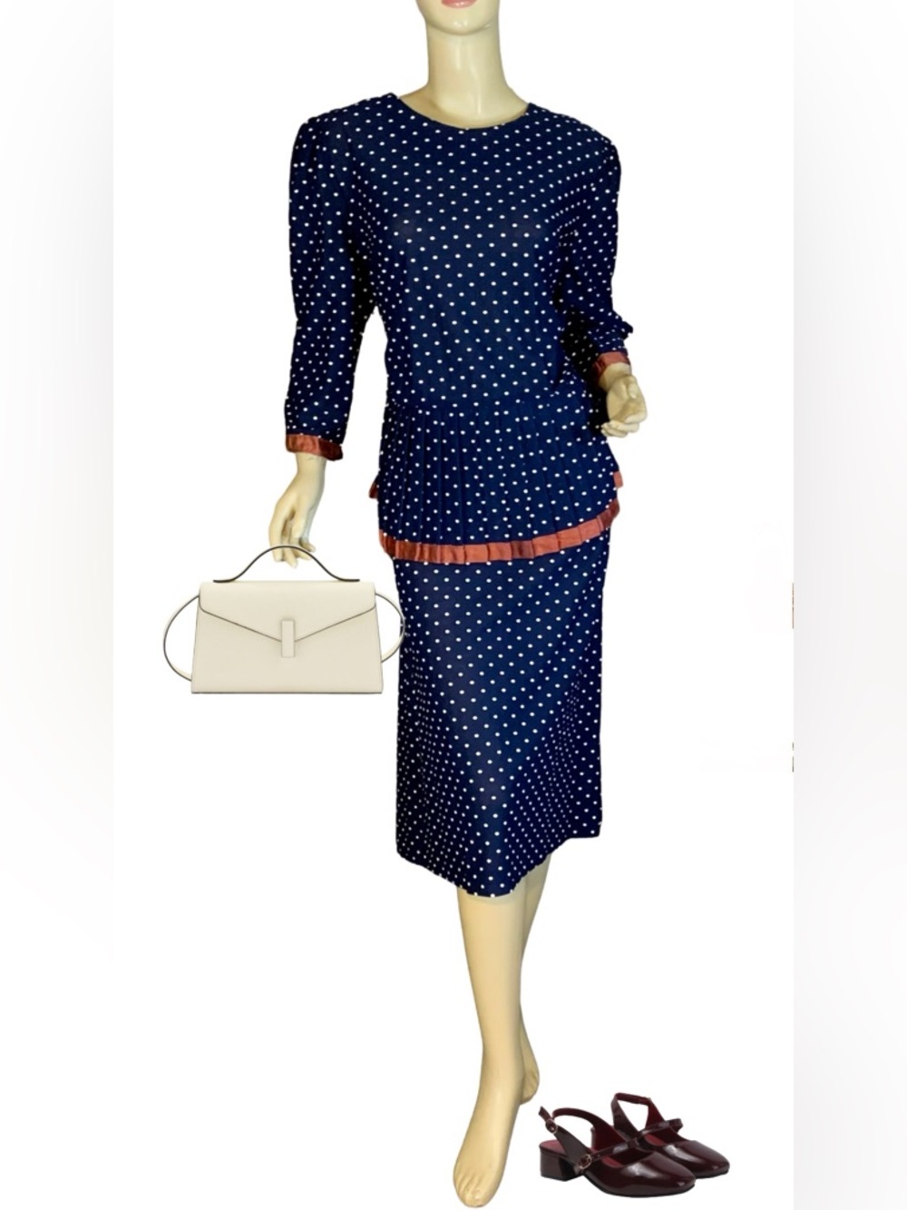 VINTAGE 1980'S CARLY CIRCLE BLUE & CREAM POLKADOT W/BURGUNDY TRIM DRESS (18)